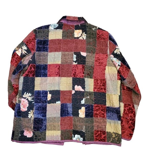 Vintage 90s XL Patchwork Velvet Jacket Reversible Floral‎ Whimsigoth Burgandy - Picture 3 of 14